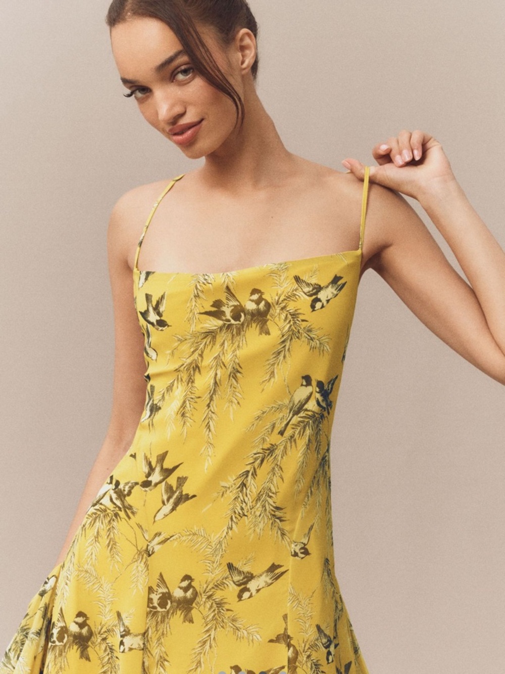 NWOT BHLDN Anthropologie Bird Print Chiffon Cowl Neck Ruffle MIDI Dress - Picture 3 of 7